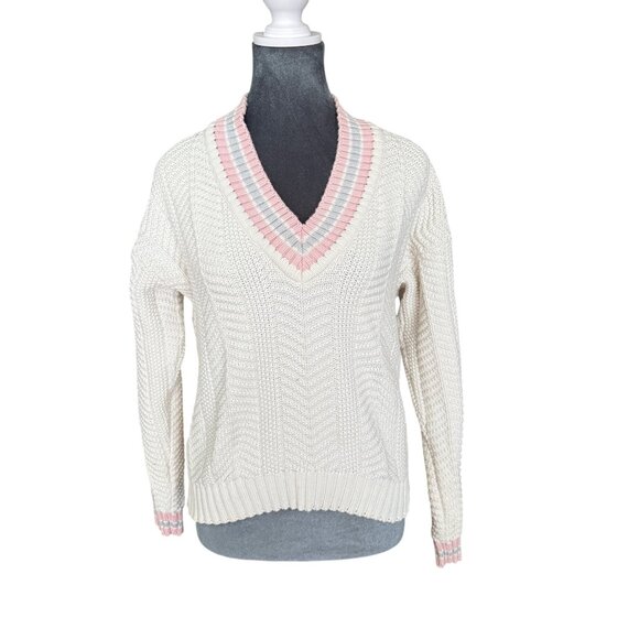 Eddie Bauer Vintage Womens V-Neck Knit Sweater With Pink & Gray Stripes 100% Cot - Picture 1 of 5